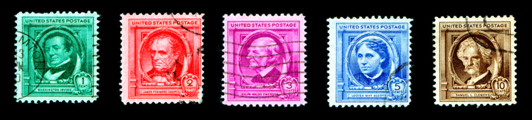 Famous Americans Authors Stamp Series 1940. Seven categories - authors, poets, educators, scientists, composers, artists, and inventors. US Commemorative Postage Stamps