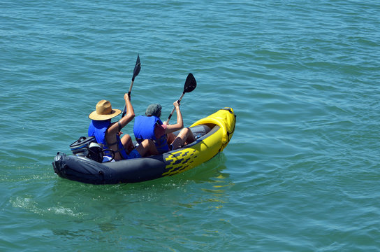 Older Couple Kayaking On Biscayne Bay Off Miami Beach,Florida