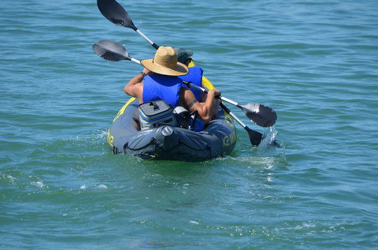 Older Couple Kayaking On Biscayne Bay Off Miami Beach,Florida