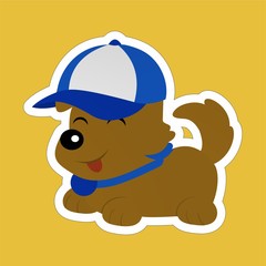 Sticker of Dog Takes out his Tongue and Wears a Blue Hat Cartoon, Cute Funny Character, Flat Design