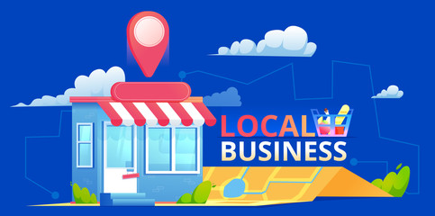 Local seo banner, Map and shop in realistic view. Vector flat illustration