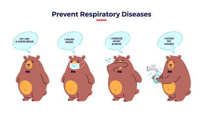 Illustration how prevent respiratory diseases. Correct sneezing and coughing into elbow, washing hands, wearing mask. Virus and infection prevention - flat vector illustration with cute bear character