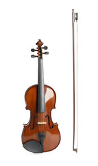Fototapeta na wymiar Beautiful classic violin and bow on white background. Musical instrument