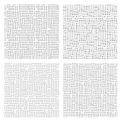 Collection of 4 seamless monochrome electronic pattern. Vector illustrations of circuit board. Cyber high-tech textures.