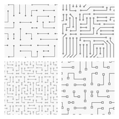 Collection of 4 seamless monochrome electronic pattern. Vector illustrations of circuit board. Cyber high-tech textures.