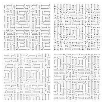 Collection of 4 seamless monochrome electronic pattern. Vector illustrations of circuit board. Cyber high-tech textures.