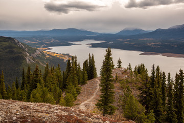 The top of hiking trail, Mount White in Yukon Territory, Canada. Overlooking Little Atlin Lake with stunning mountain view, clouds and isolated forest, woods. 