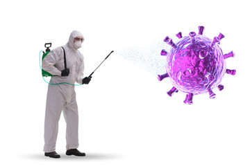 Disinfection concept with person fighting coronavirus