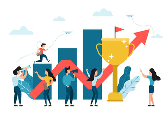 Businessman running up growing graphs to the target with big gold trophy cup and red arrow pointing up, challenge, career and path to the goal. Business concept growth to success, creative ideas.