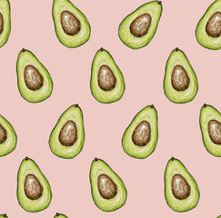 Seamless vector hand drawn pattern with avocado in doodle style on a pink background. Healthy food green texture.