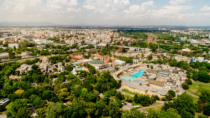 Szechenyi Medicinal Bath in Budapest,Hungary.Largest thermal bath in Europe.Thermal springs water supply.Public pool in Budapest.Aerial view of the cityscape and Szechenyi  spa in capital of Hungary.