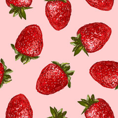 Strawberries seamless hand drawn vector pattern on pink background. Vector doodle texture