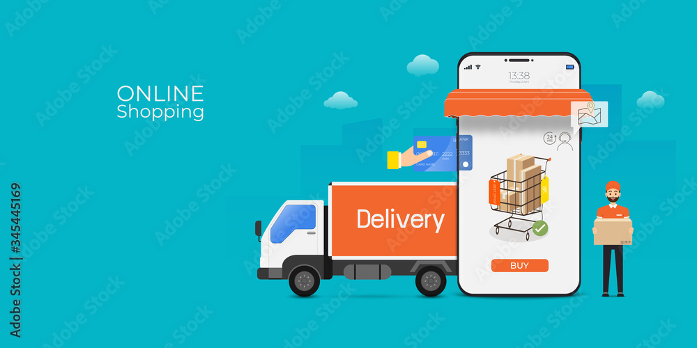 Poster online shopping and delivery service with mobile application technology. digital marketing and e-com