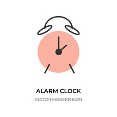 Alarm clock flat icon. Logo linear graphic sign clock. Border simple symbol wake-up time. Empty contour watch for digital tool mobile app, an ui. Isolated on white background vector illustration