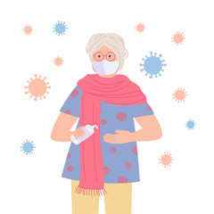 Masked granny uses an sanitizer, stop pandemic cartoon old character. Coronavirus in air, save health, concept against covid 19. Isolated vector illustration