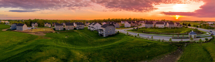 Aerial panorama view of newly constructed single family homes in the East Coast US at a residential...