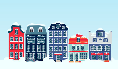 Winter european snowy street with house sky flat cartoon card. Merry Christmas and Happy New Year panoramic horizontal banner with building. Xmas holiday urban cityscape Decorative vector illustration