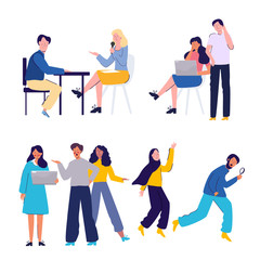collection of cartoon employee having discussion team together in office many character co working in casual. Vector flat illustration