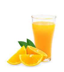 Fresh orange juice and orange fruit sliced with leaves isolated on white background with clipping path	
