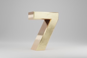 Gold 3d number 7. Golden number isolated on white background. 3d rendered font character.