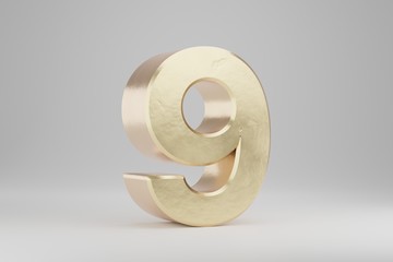 Gold 3d number 9. Golden number isolated on white background. 3d rendered font character.