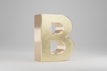 Gold 3d letter B uppercase. Golden letter isolated on white background. 3d rendered font character.