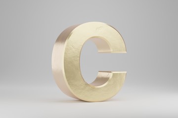 Gold 3d letter C uppercase. Golden letter isolated on white background. 3d rendered font character.