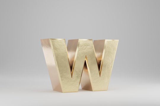 Gold 3d letter W lowercase. Golden letter isolated on white background. 3d rendered font character.