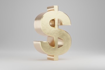 Gold 3d dollar symbol. Golden sign isolated on white background. 3d rendered font character.