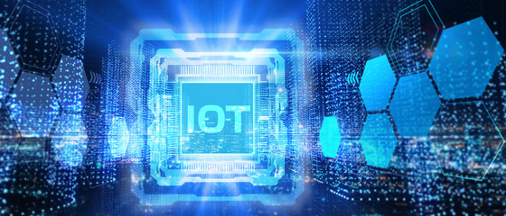 Internet of things - IOT concept. Businessman offer IOT products and solutions. Young businessman  select the abstract chip with text IoT on the virtual display.