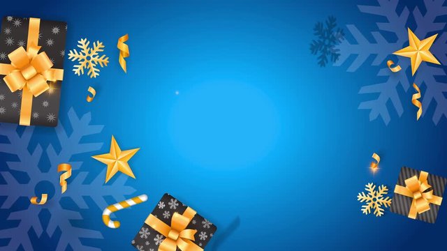 christmas sale design with golden stars tree bulbs snowflakes and gifts surrounding words using cursive typography over blue background