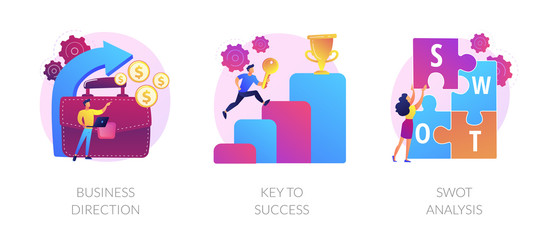 Profit growth, career success achievement, strengths and weaknesses assessment icons set. Business direction, key to success, swot analysis metaphors. Vector isolated concept metaphor illustrations