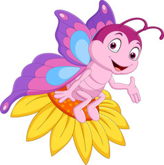 Cartoon funny butterfly sitting on the flower