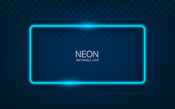 Neon rectangle lamp wall sign isolated on transparent background. Vector blue power glowing bulb banner, light line or neon frame for your design.