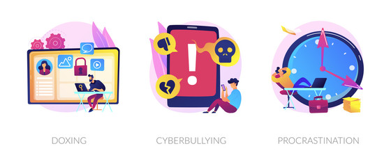 Online privacy violation, internet harassment problem, task delay and laziness icons set. Doxing, cyberbullying, procrastination metaphors. Vector isolated concept metaphor illustrations