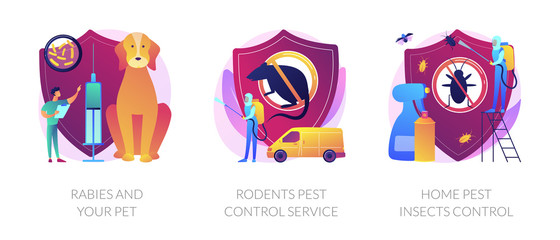 Animals antirabic vaccinations. House disinfection equipment. Rabies and your pet, rodents pest control service, home pest insects control metaphors. Vector isolated concept metaphor illustrations