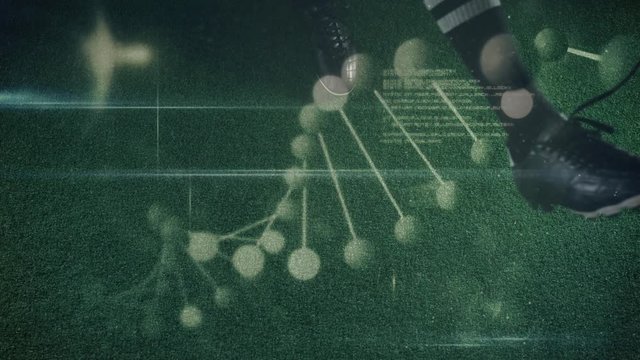 Animation of DNA strand spinning with rugby player kicking a ball