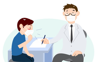 診察室で医師に症状を伝える患者のイラスト