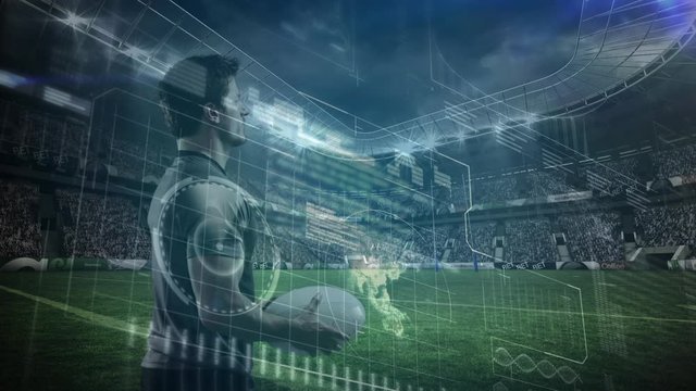 Animation of data processing with rugby player standing