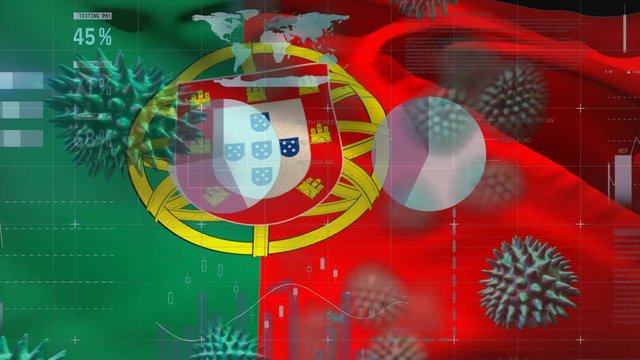 Macro corona virus spreading with Portuguese flag billowing in the background