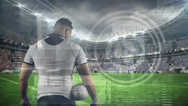 Animation of data processing with rugby player standing