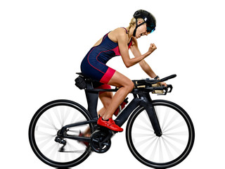 Fototapeta na wymiar woman triathlon triathlete ironman athlete cyclist cycling isolated white background