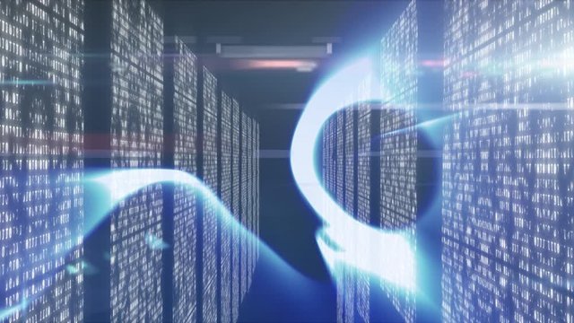 Animation of long corridor with computer processors