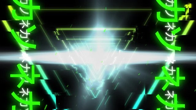 Animation of yellow and green glowing pulsating triangles moving 
