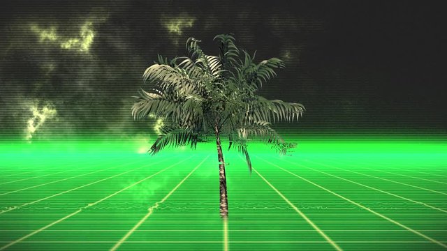 Animation of flickering palm tree over glowing green grid moving