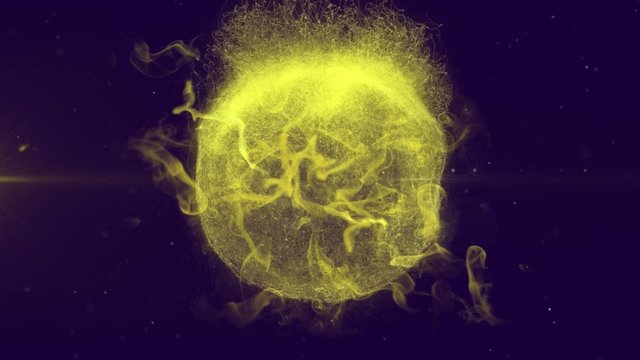 Animation of glowing yellow globe exploding on purple background