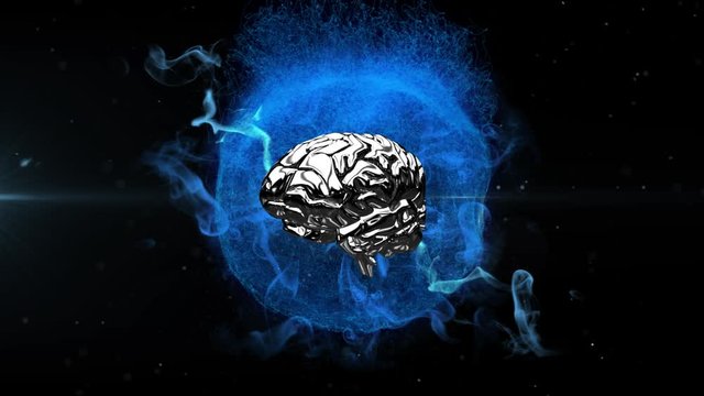 Animation of 3d metallic human brain rotating over glowing blue globe on black background