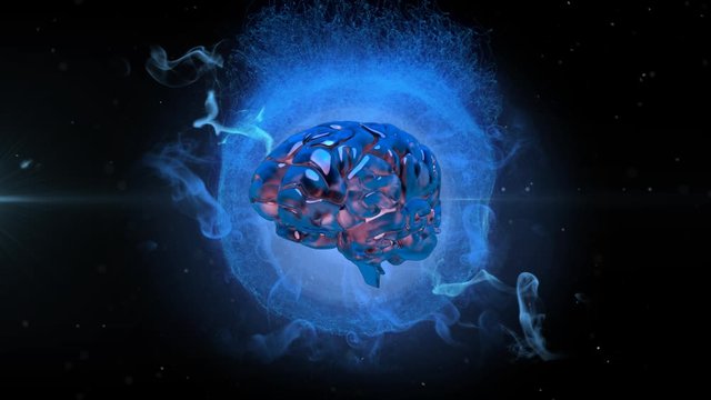 Animation of 3d metallic human brain rotating over glowing blue globe on black background