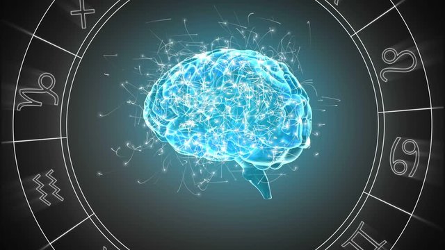 Animation of 3d glowing blue human brain rotating with zodiac wheel spinning around on black backgro