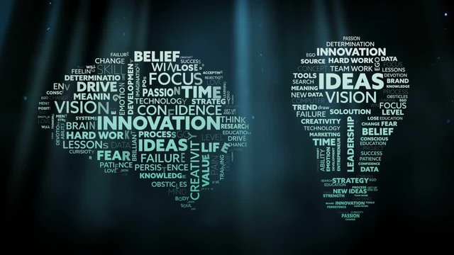 Animation of brain and lightbulb shape filled with words written 